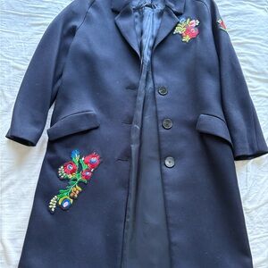 Zara Blue Coat with Colorful Floral Embroidery